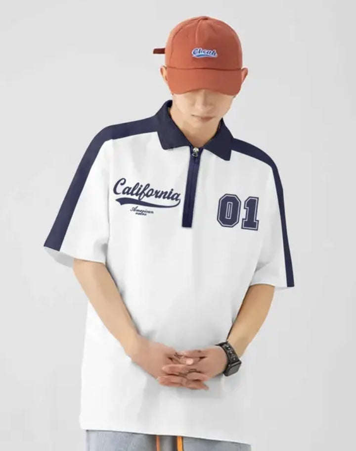 White & Navy Striped Polo Tee | Street Sport Edition