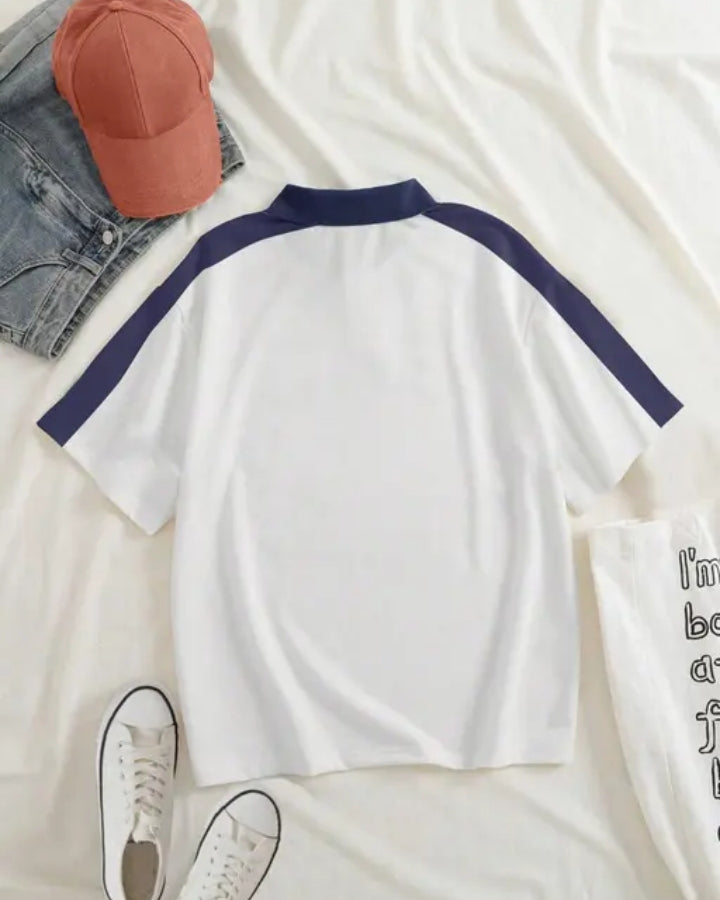 White & Navy Striped Polo Tee | Street Sport Edition