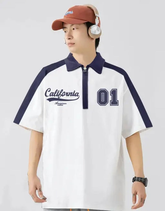 White & Navy Striped Polo Tee | Street Sport Edition